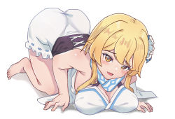 Rule 34 | 1girl, all fours, ass, bare shoulders, barefoot, blonde hair, bloomers, blush, breast press, breasts, flower, genshin impact, hair flower, hair ornament, highres, looking at viewer, lumine (genshin impact), open mouth, shiny clothes, shiny skin, shizuku (artist), short hair with long locks, short shorts, shorts, smile, solo, top-down bottom-up, underwear, yellow eyes