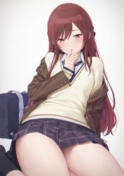 Rule 34 | 1girl, alternate hairstyle, arm support, bag, blazer, blush, braid, closed mouth, finger to mouth, fingernails, french braid, hair ribbon, hand up, highres, idolmaster, idolmaster shiny colors, jacket, long hair, long sleeves, mikazuchi zeus, necktie, off shoulder, osaki amana, plaid, plaid skirt, pleated skirt, red hair, ribbon, school bag, school uniform, sitting, skirt, sleeves past wrists, socks, solo, striped necktie, sweat, sweater, swept bangs, thighs, yellow eyes, yellow sweater