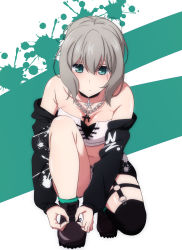Rule 34 | 1girl, aoba moca, aqua eyes, arimon (dfrgty12), bandeau, bang dream!, bare shoulders, black choker, black footwear, black jacket, black thighhighs, boots, breasts, chain necklace, choker, cleavage, commentary request, crop top, cross-laced clothes, grey hair, hair between eyes, jacket, jewelry, long sleeves, medium breasts, necklace, o-ring, off shoulder, on one knee, over-kneehighs, paint splatter, paint stains, pendant, shoes, short hair, single over-kneehigh, single thighhigh, solo, thigh strap, thighhighs, tying shoes