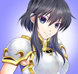 Rule 34 | 1girl, armor, black eyes, black hair, breastplate, closed mouth, cowlick, fire emblem, fire emblem: genealogy of the holy war, hair between eyes, highres, larcei (fire emblem), looking at viewer, nintendo, purple tunic, short hair, shoulder armor, sidelocks, simple background, smile, solo, sylphy fe, tunic, upper body
