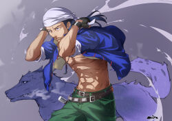 Rule 34 | 1boy, arms behind head, bandeau, belt, belt buckle, black gloves, black hair, blue shirt, buckle, chinese clothes, fingerless gloves, gloves, green pants, grey background, jewelry, long hair, miyo (13th floor), muscular, muscular male, necklace, open clothes, open shirt, pants, pectorals, purple eyes, ren wu ying, sega, serious, shenmue, shenmue ii, shirt, signature, sleeves rolled up, studded belt, tooth necklace, tying, white bandeau, wolf