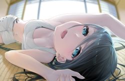 Rule 34 | 1girl, bikini, bikini under clothes, black hair, blue eyes, blush, breasts, cleavage, commentary, earrings, fisheye, highres, jewelry, long hair, looking at viewer, lying, medium breasts, nail, navel, on side, open mouth, original, ryokan, short shorts, shorts, solo, summer, swimsuit, tsunosekai