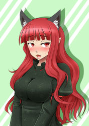 Rule 34 | 1girl, :3, absurdres, alternate hairstyle, animal ears, blush, breasts, cat ears, cat girl, extra ears, fang, female focus, fukuro (claw), hair down, highres, kaenbyou rin, large breasts, long hair, looking away, open mouth, red eyes, red hair, smile, solo, sweatdrop, touhou, uma (fkmtyum), upper body