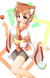 Rule 34 | 1girl, absurdres, animal ears, bad id, bad pixiv id, bag, bike shorts, breasts, brown hair, candy apple, cleavage, dog ears, dog tail, female focus, floral print, food, hair ornament, hairclip, hajime (ak-r), highres, japanese clothes, kimono, large breasts, long sleeves, maki-chan, open mouth, original, personification, red eyes, shiba inu, short hair, simple background, smile, solo, tail, tareme, teeth, wide sleeves, yukata