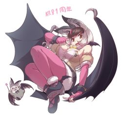 Rule 34 | 1girl, animal, animal ears, bare shoulders, bat (animal), bat ears, bat girl, bat wings, brown eyes, brown hair, brown long-eared bat (kemono friends), elbow gloves, extra ears, fingerless gloves, gloves, grey hair, highres, kemono friends, kemono friends v project, leotard, long hair, looking at viewer, okyao, pantyhose, shoes, simple background, skirt, translation request, virtual youtuber, wings