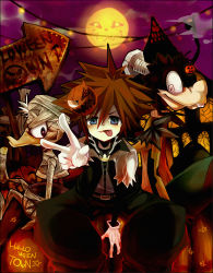 Rule 34 | 1boy, @ @, alternate costume, arrow (symbol), blue eyes, brown hair, commentary request, crazy eyes, disney, donald duck, fang, full moon, furry, furry male, gloves, goofy, halloween, halloween costume, hand gesture, inazume-panko, jack-o&#039;-lantern, kingdom hearts, looking at viewer, male focus, mask, moon, mummy, pinko (inazume-panko), pumpkin, screw, sign, sitting, smile, sora (halloween town) (kingdom hearts), sora (kingdom hearts), spiked hair, tongue, tongue out, v, wings