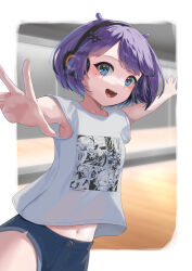 Rule 34 | 1girl, absurdres, black shorts, blue eyes, blush, fang, headphones, highres, hololive, hololive english, looking at viewer, mole, mole under eye, navel, ninomae ina&#039;nis, ninomae ina&#039;nis (loungewear), open mouth, parted bangs, pixie cut, purple hair, shirt, short hair, short shorts, shorts, smile, solo, swept bangs, t-shirt, teeth, upper teeth only, virtual youtuber, white shirt, yuimellow