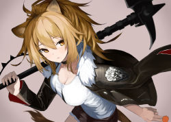 Rule 34 | 1girl, animal ears, arknights, black jacket, black shorts, breasts, brown eyes, brown hair, choker, cleavage, closed mouth, commentary, fur-trimmed jacket, fur trim, hair between eyes, highres, holding, holding weapon, jacket, large breasts, long hair, long sleeves, looking to the side, onkyi, shorts, siege (arknights), simple background, solo, tank top, war hammer, weapon, white tank top