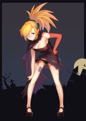 Rule 34 | 1girl, :t, absurdres, bat (animal), bent over, black panties, blonde hair, blush, breasts, broom, broom riding, cape, castle, cleavage, cross, full moon, gluteal fold, halloween, highres, kexue, lace, lace-trimmed panties, lace trim, mary janes, moon, original, panties, pointy ears, pout, red eyes, shoes, solo, tombstone, torn clothes, underwear