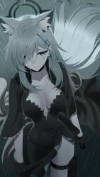 Rule 34 | 1girl, absurdres, aged up, animal ear fluff, animal ears, black dress, blue archive, blue eyes, breasts, cleavage, collarbone, cross hair ornament, dress, extra ears, grey hair, hair ornament, halo, highres, large breasts, leavv, long hair, long sleeves, looking at viewer, shiroko (blue archive), shiroko terror (blue archive), solo, thighs, wolf ears