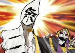 Rule 34 | 1boy, ainz ooal gown, artist request, carnival phantasm, closed eyes, hood, jewelry, male focus, overlord (maruyama), parody, ring, robe, skeleton, smile, solo, thumbs up, translated, undead