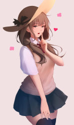 Rule 34 | 1girl, absurdres, black skirt, black thighhighs, bow, bowtie, brown hair, brown vest, collared shirt, cowboy shot, hair tie, hand up, hat, heart, highres, index finger raised, long hair, looking at viewer, low twintails, miniskirt, open mouth, original, pleated skirt, ribbon, shimmer, shirt, simple background, skirt, solo, sun hat, thighhighs, twintails, vest, white background, zettai ryouiki