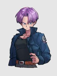 Rule 34 | 1boy, blue eyes, closed mouth, dragon ball, dragonball z, grey background, kemachiku, looking at viewer, male focus, purple hair, short hair, simple background, solo, trunks (dragon ball), trunks (future) (dragon ball), upper body