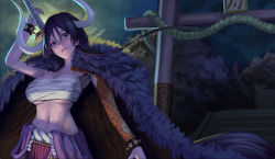 Rule 34 | 1girl, absurdres, adapted costume, alternate costume, architecture, arm tattoo, blue eyes, bracelet, breasts, cape, commission, cosplay, dudeunderscore, earrings, east asian architecture, eyebrows, fate/grand order, fate (series), forest, fur trim, gate, highres, horns, japanese clothes, jewelry, kaidou (one piece), kaidou (one piece) (cosplay), katana, large breasts, lips, long hair, minamoto no raikou (fate), nature, navel, one piece, pink lips, pun, purple eyes, sarashi, shaded face, shading, shadow, skull tattoo, spiked bracelet, spikes, stairs, sword, sword behind back, tattoo, twitter username, weapon, weapon behind back, white horns