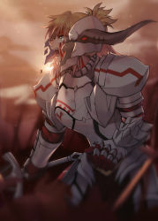 Rule 34 | 1girl, absurdres, armor, blonde hair, blood, blood on face, clarent (fate), damaged, fate/apocrypha, fate (series), full armor, gauntlets, green eyes, helmet, highres, holding, holding sword, holding weapon, horns, knight, mordred (fate), mordred (fate/apocrypha), open mouth, ponytail, shatter, single horn, sunset, sword, weapon, yorukun