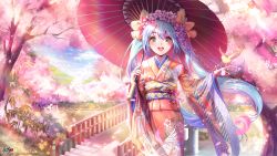 Rule 34 | 1girl, bird, blue hair, blush, bow, flower, hair flower, hair ornament, hatsune miku, highres, japanese clothes, kyjsogom, long hair, looking at viewer, open mouth, petals, solo, tree, twintails, umbrella, very long hair, vocaloid