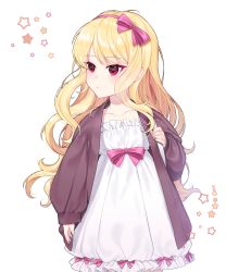 Rule 34 | 1girl, blonde hair, blush, bow, brown jacket, closed mouth, collarbone, copyright request, dress, fingernails, hair bow, hairband, highres, ia (ias1010), jacket, long hair, long sleeves, open clothes, open jacket, pink bow, pink hairband, puffy long sleeves, puffy sleeves, red eyes, simple background, sleeves past wrists, solo, star (symbol), very long hair, white background, white dress
