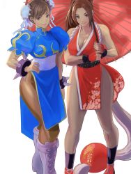 Rule 34 | 2girls, bare shoulders, bracelet, breasts, brown eyes, brown hair, bun cover, capcom, china dress, chinese clothes, chun-li, cleavage, closed mouth, commentary, crossover, double bun, dress, fatal fury, female focus, friends, full body, hair bun, hand on own hip, high ponytail, highres, holding, holding umbrella, jewelry, looking at viewer, matching hair/eyes, medium breasts, meke (77842928), multiple girls, ninja, pantyhose, pelvic curtain, revealing clothes, shiranui mai, smile, snk, spiked bracelet, spikes, standing, street fighter, symbol-only commentary, the king of fighters, thick thighs, thighs, umbrella