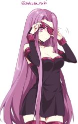 Rule 34 | 1girl, bad id, bad pixiv id, blindfold, boots, breasts, cleavage, collar, detached sleeves, dress, facial mark, fate/stay night, fate (series), forehead mark, ichinose yukino, long hair, medium breasts, medusa (fate), medusa (rider) (fate), purple eyes, purple hair, sleeveless, solo, square pupils, strapless, strapless dress, thigh boots, thighhighs, twitter username, very long hair