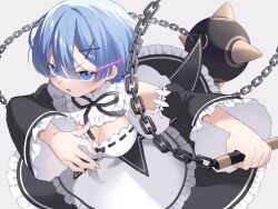Rule 34 | 1girl, ball and chain (weapon), blue eyes, blue hair, blush, breasts, chain, cleavage, commentary, detached sleeves, eye trail, fighting stance, frilled sleeves, frills, grey background, hair between eyes, hair ornament, highres, holding, holding weapon, large breasts, light trail, maid, nitsuki 09, open mouth, re:zero kara hajimeru isekai seikatsu, rem (re:zero), ribbon-trimmed clothes, ribbon trim, roswaal mansion maid uniform, short hair, simple background, solo, spiked ball and chain, weapon, x hair ornament