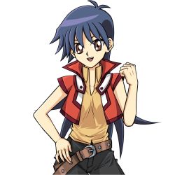 Rule 34 | 1girl, belt, blue hair, breasts, brown eyes, hair between eyes, hand on own hip, jacket, official art, open clothes, open jacket, open mouth, saotome rei, shorts, smile, yu-gi-oh!, yu-gi-oh! gx