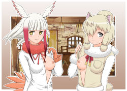 Rule 34 | 2girls, alpaca ears, alpaca suri (kemono friends), alpaca tail, animal ears, arm behind back, bird tail, bird wings, blonde hair, blunt bangs, border, breast pocket, breasts, buttons, clothes pull, empty eyes, flashing, fur collar, fur scarf, gloves, graphite (medium), grey eyes, hair bun, hair over one eye, hand up, head wings, horizontal pupils, japanese crested ibis (kemono friends), kemono friends, long sleeves, looking at viewer, medium breasts, medium hair, multicolored hair, multiple girls, neck ribbon, nipples, no bra, one breast out, open clothes, pocket, pulled by self, red hair, ribbon, scarf, shirt, single hair bun, smile, stomach, sweater vest, tail, traditional media, two-tone hair, unbuttoned, upper body, white hair, wings, yaksini, yellow eyes