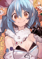 Rule 34 | &gt; &lt;, 1girl, :3, puff of air, absurdres, animal ear fluff, animal ears, bare shoulders, black gloves, blue hair, blush, braid, breasts, carrot hair ornament, closed mouth, detached sleeves, don-chan (usada pekora), dress, food-themed hair ornament, gloves, hair between eyes, hair ornament, hand up, heart, highres, holding, holding removed eyewear, hololive, kaamin (mariarose753), long hair, looking ahead, multicolored hair, orange eyes, pekomon (usada pekora), rabbit ears, short eyebrows, sidelocks, small breasts, smile, sunglasses, symbol-shaped pupils, twin braids, unworn eyewear, upper body, usada pekora, usada pekora (1st costume), virtual youtuber, white dress, white hair, wrist cuffs, | |
