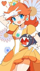 Rule 34 | 1girl, :d, artist name, blue eyes, breasts, chain chomplet, clothes lift, collar, crown, daisy, dress, earrings, eclipxare, flower, flower earrings, gloves, heart, highres, jewelry, long hair, mario (series), nintendo, open mouth, orange hair, princess daisy, skirt, skirt lift, small breasts, smile, spiked collar, spikes, standing, white gloves, yellow dress