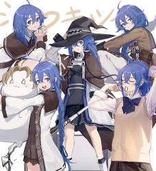 Rule 34 | 1girl, :3, absurdres, adjusting clothes, adjusting headwear, ahoge, arms up, text background, black dress, black headwear, blue eyes, blue hair, blush, braid, brown cape, brown capelet, brown dress, brown skirt, cape, capelet, chinese commentary, closed eyes, closed mouth, commentary, cowboy shot, crossed bangs, dress, feet out of frame, female focus, full body, hair between eyes, hand up, hands up, hat, hat ribbon, highres, holding, holding staff, long braid, long hair, long sleeves, looking at viewer, mouth hold, multiple views, mushoku tensei, open mouth, parted lips, ribbon, roxy migurdia, shirt, sitting, skirt, smile, squatting, staff, standing, sweater vest, teeth, upper body, upper teeth only, very long hair, white background, white footwear, white shirt, witch hat, xiu kukkii, yellow sweater vest
