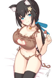 Rule 34 | 1girl, animal ear fluff, animal ears, bell, black hair, black thighhighs, blue eyes, blue ribbon, blush, bra, breasts, brown bra, brown choker, brown panties, cat cutout, cat ear panties, cat ears, cat lingerie, choker, cleavage, cleavage cutout, closed mouth, clothing cutout, collarbone, cowboy shot, frilled bra, frills, from above, hair between eyes, hair ornament, hair ribbon, hand up, head tilt, highres, holding, jingle bell, large breasts, long hair, looking at viewer, low ponytail, meme attire, navel, neck bell, original, panties, ponytail, ribbon, side-tie panties, sitting, smile, soanote, solo, star (symbol), star hair ornament, strap pull, thigh gap, thighhighs, underwear, untied panties, white background