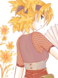 Rule 34 | 1girl, awa (ignorantremark), blonde hair, breasts, hand fan, female focus, fishnets, flower, from behind, green eyes, looking back, naruto, naruto (series), plant, quad tails, solo, tegaki, temari (naruto), upper body, white background