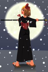 Rule 34 | 1girl, :d, alternate costume, ass, barefoot sandals (jewelry), blonde hair, cato (monocatienus), from behind, full body, full moon, geta, hair ribbon, highres, holding, japanese clothes, katana, kimono, long sleeves, looking at viewer, looking back, moon, no socks, obi, open mouth, red eyes, ribbon, rumia, sandals, sash, sheath, sheathed, short hair, smile, snow, snowing, solo, sword, touhou, weapon, wide sleeves
