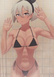 Rule 34 | 1girl, abs, against glass, alternate costume, bare arms, bea (pokemon), bikini, black bikini, black hairband, blush, bow hairband, breast press, breasts, closed mouth, commentary request, cowboy shot, creatures (company), eyelashes, game freak, grey eyes, grey hair, hair between eyes, hairband, hands up, indoors, large breasts, looking at viewer, navel, nintendo, pokemon, pokemon swsh, putcher, short hair, shower (place), side-tie bikini bottom, solo, steam, swimsuit, tile wall, tiles, watermark