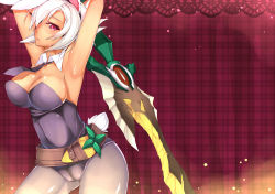 Rule 34 | 1girl, animal ears, armpits, arms up, battle bunny riven, breasts, cleavage, dean (momodean), detached collar, fake animal ears, folded ponytail, hair over one eye, league of legends, leotard, necktie, open mouth, outstretched arms, pantyhose, playboy bunny, rabbit ears, rabbit tail, red eyes, riven (league of legends), short hair, silver hair, solo, sword, tail, weapon