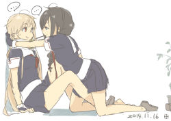 Rule 34 | ..., 10s, 2girls, ahoge, barefoot, between legs, blonde hair, brown hair, food, full body, gloves, harada itsumi, kantai collection, long hair, multiple girls, no socks, pocky, pocky kiss, red eyes, remodel (kantai collection), school uniform, shared food, shigure (kancolle), shoes, simple background, single shoe, sitting, sweatdrop, very long hair, yuri, yuudachi (kancolle)