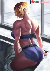 Rule 34 | 1girl, ass, back, bare back, bare shoulders, blonde hair, breasts, capcom, cutoffs, denim, denim shorts, final fight, final fight 3, final fight tough, from behind, large breasts, lips, lucia morgan, muscular, muscular female, poolside, rejean dubois, short hair, shorts, sideboob, skindentation, solo, strapless, street fighter, sweat, thick thighs, thighs, tube top, wading, water, window