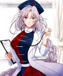 Rule 34 | 1girl, blue dress, blue eyes, blue hat, blush, braid, breasts, clipboard, commentary request, dress, grey hair, hand up, hat, holding, holding clipboard, holding stethoscope, indoors, jacket, long hair, long sleeves, looking at viewer, medium breasts, multicolored clothes, multicolored dress, nurse cap, okawa friend, red dress, smile, solo, stethoscope, touhou, upper body, very long hair, white jacket, window blinds, yagokoro eirin