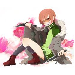 Rule 34 | 1boy, 801oyaji, androgynous, bike shorts, boots, coat, crossdressing, explosive, grenade, grin, highres, jacket, knife, male focus, mouth hold, original, short hair, sitting, skirt, smile, solo, track jacket, weapon