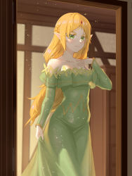 Rule 34 | 1girl, absurdres, auxar, bare shoulders, blonde hair, blush, breasts, cleavage, collarbone, colored eyelashes, dress, elf, eyelashes, green dress, green eyes, highres, isekai ojisan, long dress, long hair, medium breasts, pointy ears, solo, strapless, strapless dress, sui (isekai ojisan)