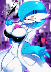 Rule 34 | 1girl, absurdres, alternate color, ashraely, black bra, black panties, blue hair, blue skin, blush, bob cut, bra, breasts, cleavage, coat, collarbone, colored skin, commission, creatures (company), dr. voir (nanosheep), female focus, game freak, gardevoir, gen 3 pokemon, glasses, grin, hair ornament, hairclip, hands up, happy, heart, highres, holding, huge breasts, lab coat, looking at viewer, motion lines, multicolored skin, navel, nintendo, no panties, nose blush, one eye closed, panties, unworn panties, pince-nez, pokemon, pokemon (creature), purple background, pussy, red-framed eyewear, red eyes, semi-rimless eyewear, shiny pokemon, shiny skin, short hair, short sleeves, smile, solo, standing, stomach, teeth, thick thighs, thighs, thong, two-tone skin, uncensored, underwear, white coat, white skin, wink