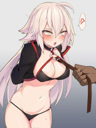 Rule 34 | 1girl, ahoge, anger vein, arms behind back, bikini, black bikini, black choker, blush, breasts, breath, chinese commentary, choker, cleavage, collarbone, commentary request, cowboy shot, cropped jacket, dark-skinned male, dark skin, embarrassed, fate/grand order, fate (series), gradient background, grey background, grey hair, groin, hair between eyes, half-closed eyes, halterneck, jacket, jeanne d&#039;arc alter (swimsuit berserker) (fate), jeanne d&#039;arc (fate), jeanne d&#039;arc alter (fate), jeanne d&#039;arc alter (swimsuit berserker) (fate), leash, leash pull, long hair, long sleeves, looking at another, looking away, medium breasts, mou tama maru, navel, o-ring, o-ring top, open clothes, open jacket, open mouth, out of frame, shiny skin, shrug (clothing), sidelocks, slit pupils, solo focus, spoken anger vein, standing, stomach, swimsuit, tears, teeth, trembling, tsurime, upper teeth only, yellow eyes