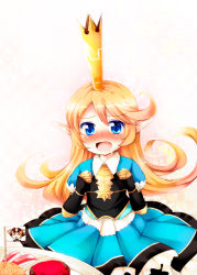 Rule 34 | 10s, 1girl, blonde hair, blue eyes, blush, charlotta (granblue fantasy), commentary request, crown, drooling, food, gradient background, granblue fantasy, harvin, juliet sleeves, long hair, long sleeves, open mouth, pointy ears, princess, puffy sleeves, shirt, skirt, solo, tekehiro, very long hair