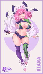 Rule 34 | 1girl, bow, bra, breasts, character name, clothes lift, coat, creatures (company), drill hair, full body, fur coat, game freak, gloves, gluteal fold, hair bow, highres, klara (pokemon), large breasts, navel, nintendo, open mouth, pink hair, poke ball symbol, pokemon, pokemon swsh, purple eyes, shirt lift, short shorts, shorts, single glove, solo, stomach, thigh gap, thighhighs, underwear, x-t3al