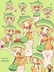 Rule 34 | &gt; &lt;, 10s, 1girl, :d, ?, arms up, bag, bent over, beret, between breasts, bianca (pokemon), blonde hair, blush, bow, bowtie, breasts, chibi, cilan (pokemon), closed eyes, collage, container, creatures (company), egg, game freak, green background, green eyes, green hair, hands on own cheeks, hands on own face, happy, hat, head rest, head tilt, heart, holding, holding poke ball, index finger raised, kimoko, long skirt, mask, medium breasts, motion lines, nintendo, one eye closed, open mouth, outstretched arms, pantyhose, poke ball, pokemon, pokemon (anime), pokemon bw, pokemon bw (anime), polka dot, polka dot background, short hair, shoulder bag, skirt, smile, strap between breasts, sweat, traditional bowtie, translation request, tripping, waving, white skirt, wink