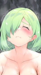 Rule 34 | 1girl, armpit crease, blush, breasts, cleavage, collarbone, ear blush, green hair, hair over one eye, head tilt, highres, large breasts, li zhiheng, livia (my harem grew so large i was forced to ascend), mole, mole on breast, my harem grew so large i was forced to ascend, nude, one eye covered, pale skin, short hair, solo, struggling, sweat, sweatdrop, tagme, wavy mouth