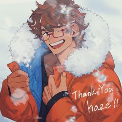 Rule 34 | 1boy, breath, brown hair, coat, commission, glasses, highres, looking at viewer, male focus, medium hair, one eye closed, open clothes, open coat, orange coat, original, red-framed eyewear, skeb commission, smile, snow, solo, sweat, takayakaiti (tk049ccn), thick eyebrows, thumbs up, upper body, winter clothes