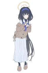 Rule 34 | 1girl, :o, black eyes, black hair, blue archive, blue neckerchief, cardigan, clenched hands, full body, hairband, halo, highres, long hair, long skirt, long sleeves, looking at viewer, neckerchief, off shoulder, sailor collar, shirt, sketch, skirt, slippers, solo, timbougami, turtle, ui (blue archive), very long hair, white background, white shirt