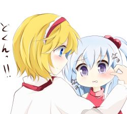 Rule 34 | 2girls, alice margatroid, bare shoulders, blue eyes, blue hair, blush, capelet, cheek pull, faech, female focus, hair bobbles, hair ornament, hairband, long hair, long sleeves, multiple girls, aged up, purple eyes, shinki (touhou), short hair, side ponytail, tears, teasing, touhou, touhou (pc-98), translation request, white background, aged down