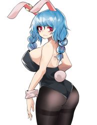 Rule 34 | 1girl, animal ears, ass, back, backless leotard, bad id, bad pixiv id, bare shoulders, black pantyhose, blue hair, blush, braid, breasts, commentary, cowboy shot, earclip, highres, huge breasts, leotard, long hair, looking at viewer, looking back, mandarok1149, pantyhose, playboy bunny, rabbit ears, rabbit tail, red eyes, seiran (touhou), sideboob, sidelocks, simple background, solo, tail, thighband pantyhose, touhou, twin braids, wavy mouth, white background, wrist cuffs