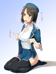 Rule 34 | 10s, 1girl, black hair, breasts, cleavage, hat, highres, jacket, kantai collection, large breasts, looking at viewer, open clothes, open jacket, open mouth, red eyes, seiza, short hair, sitting, sleeves rolled up, solo, sweat, takao (kancolle), thighhighs, translated, tsurusaki yuu